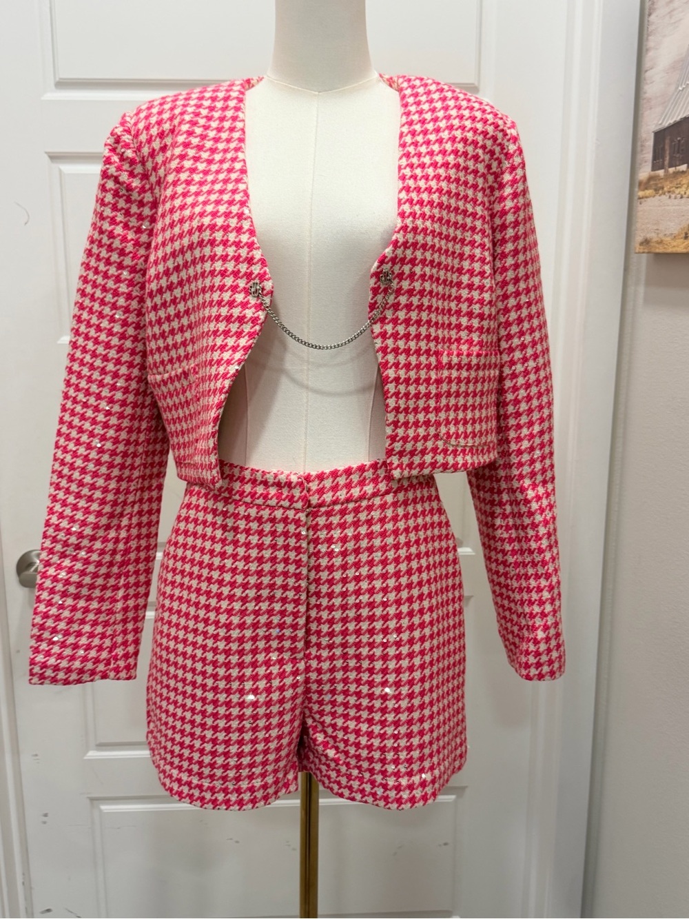 Rivir 2pc Pink/White Houndstooth Tweed Crop Blazer and Short Set - Picture 5 of 15